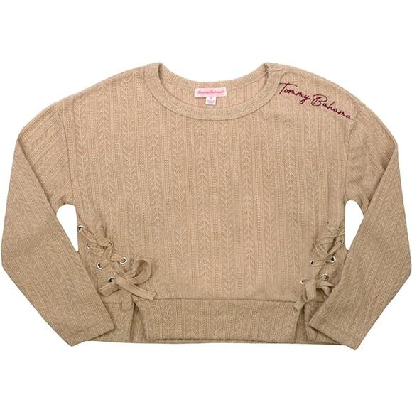 Tommy Bahama Tan Girls Side Lace Up Signature Embroidery Pullover Sweater Sz 14 - Picture 1 of 16